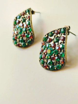 Pendientes Vintage Lágrima Cristales Verdes y Rojo
