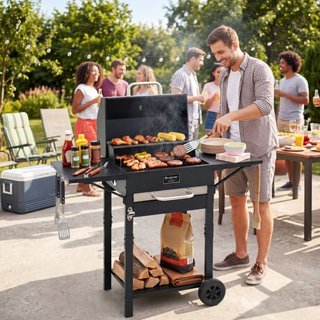 Barbacoa de carbón con mesas laterales, parrilla d