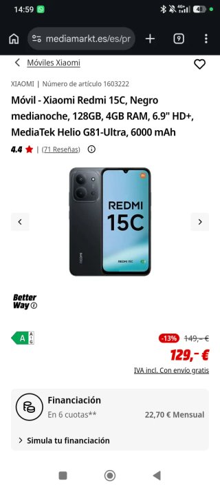 Xiaomi Redmi 15C Negro 128GB