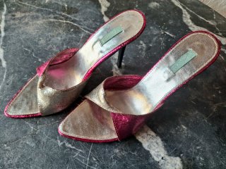Zapatos de tacón alto, plateados y rosas, 38