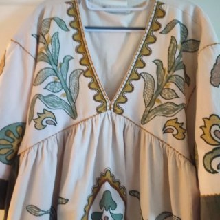 Vestido Boho Bordado Zara Beige/Verde