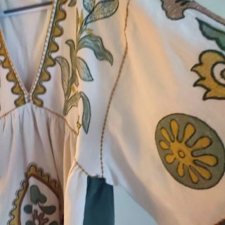 Vestido Boho Bordado Zara Beige/Verde