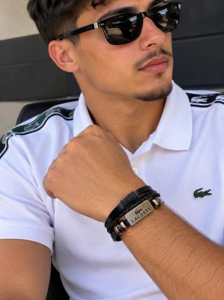 Pulsera Cuero Negra Cierre Plateado Lacoste