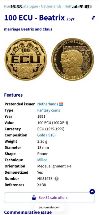 Moneda Oro 1/10 oz. 100 Ecus. Países Bajos.