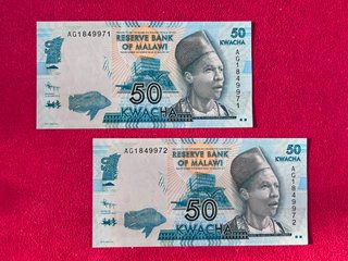 2 Billetes 50 Kwacha Malawi 2012 Serie Correlativa