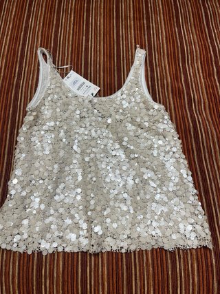 Top Zara lentejuelas y tul beige/dorado