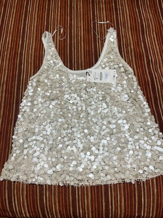 Top Zara lentejuelas y tul beige/dorado