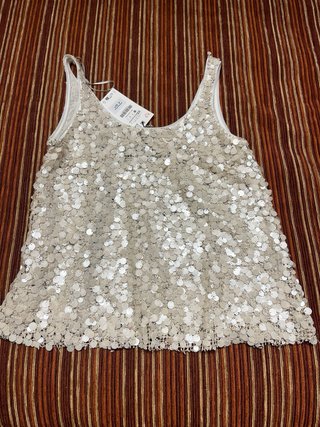 Top Zara lentejuelas y tul beige/dorado