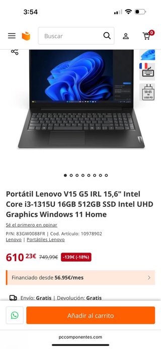 Portátil Lenovo V15 G5 Intel Core i3 16GB RAM