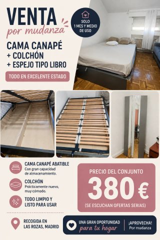 Cama Canapé + Colchón + Espejo