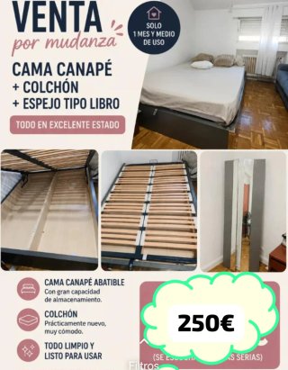 Cama Canapé + Colchón + Espejo Recoger en Majadaho
