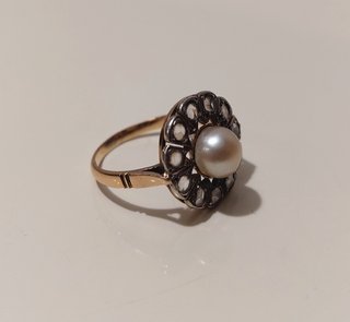 Anillo oro 14k de 1880 con 11 zafiros y perla anti