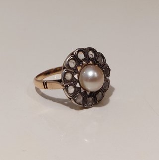 Anillo oro 14k de 1880 con 11 zafiros y perla anti
