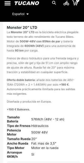 Bicicleta Eléctrica Plegable Tucano Monster 20