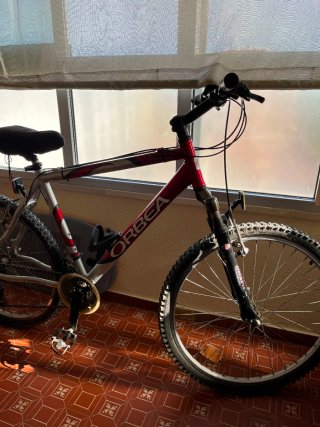 Bicicleta Orbea Roja y Plata.