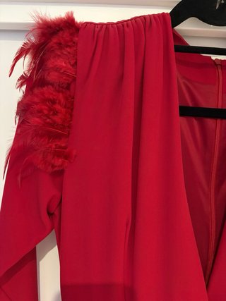 Vestido rojo con plumas y hombreras
