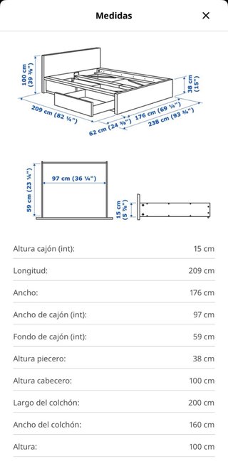 Cama IKEA MALM 160x200 +Somier+4 Cajones+colchon
