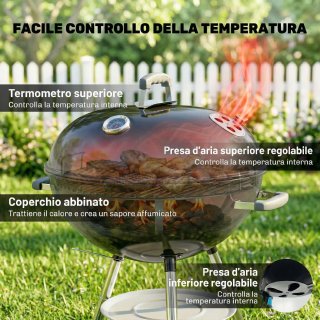 Barbecue a Carbone Rotondo con Coperchio e Ruote