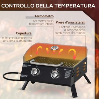 Barbecue a Gas con 2 Bruciatori e Termometro Nero