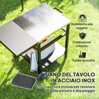 Carrello Barbecue con Piano in Acciaio Ruote Ganci