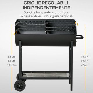 Barbecue in Acciaio Nero con 2 Griglie e Ruote