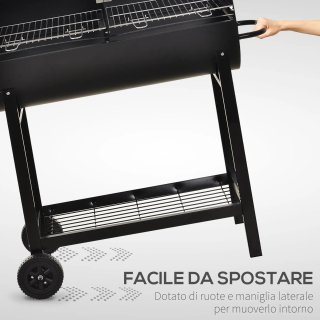 Barbecue in Acciaio Nero con 2 Griglie e Ruote