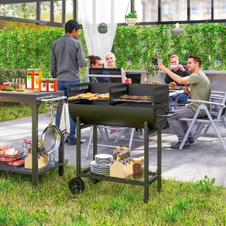 Barbecue in Acciaio Nero con 2 Griglie e Ruote