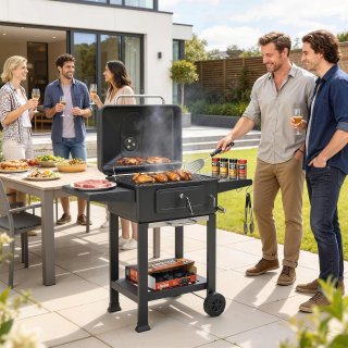 Barbecue a Carbone Portatile con Termometro Nero