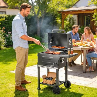 Barbecue a Carbone con Rotelle e Coperchio Nero
