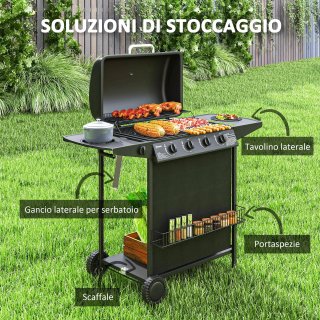 Barbecue Gas 4+1 Bruciatori con Termometro Nero