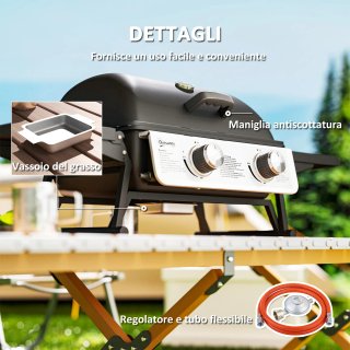 Barbecue a Gas Portatile con 2 Bruciatori Nero