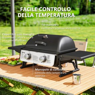 Barbecue a Gas Portatile con 2 Bruciatori Nero