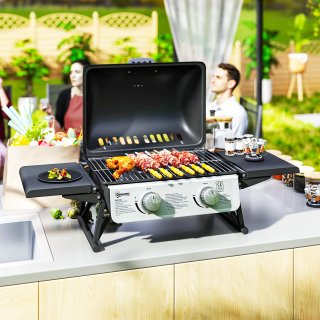 Barbecue a Gas Portatile con 2 Bruciatori Nero