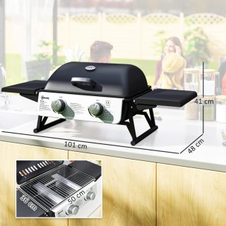 Barbecue a Gas Portatile con 2 Bruciatori Nero