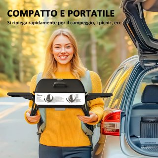 Barbecue a Gas Portatile con 2 Bruciatori Nero