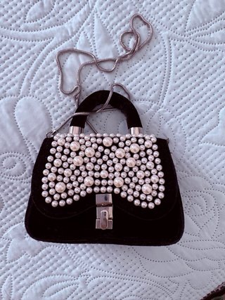 Bolso Negro Zara Perlas Cadena Plata