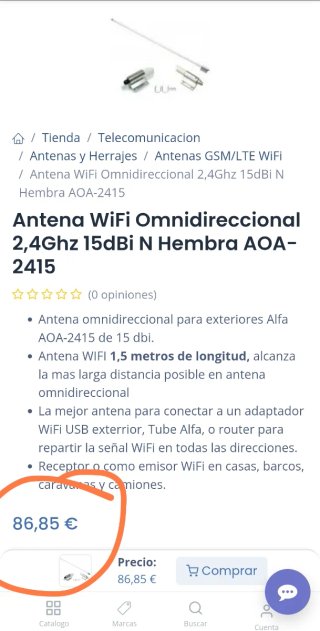 Antena WiFi Alfa 2.4Ghz omni de 1.5m y 15dBi