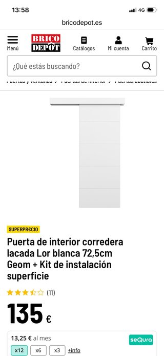 Puerta corredera lacada blanca 72,5cm maciza