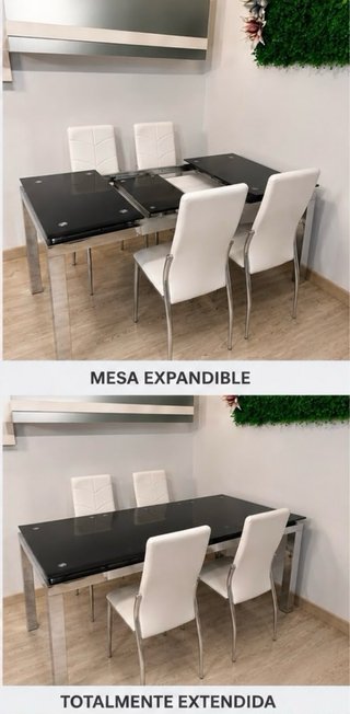 Comedor Cristal Negro y Sillas Blancas
