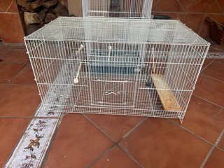 Jaula para pájaros plateada y azul