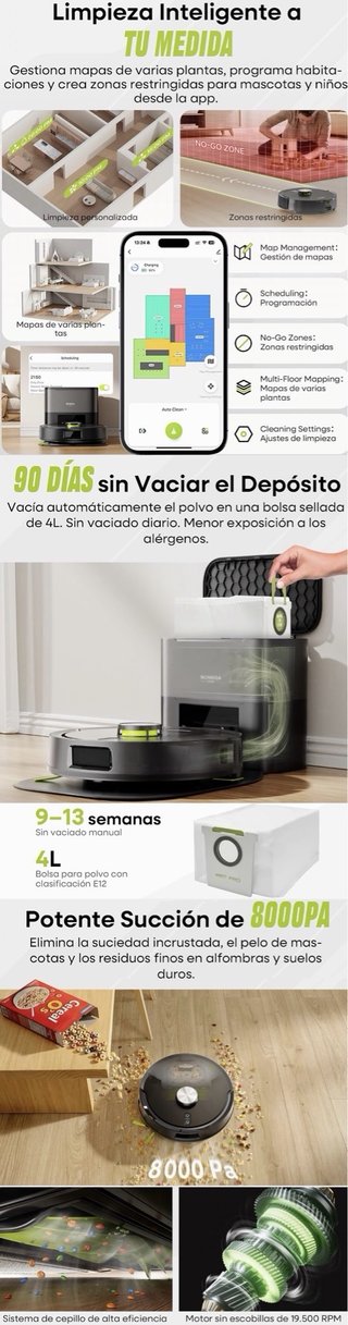 Robot Aspirador Fregasuelo 8000PA Base Autovaciado