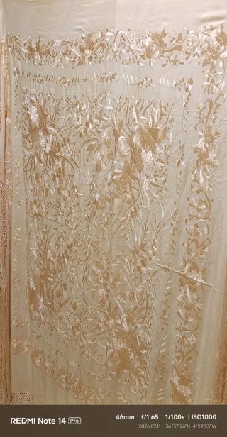 Mantón de Manila Beige con Flecos de seda natural
