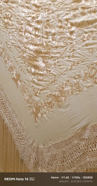 Mantón de Manila Beige con Flecos de seda natural