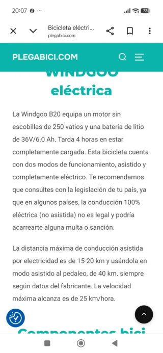 Bicicleta eléctrica plegable Windgoo B20 Negra