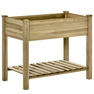 Jardín elevado de madera con patas y estante infer