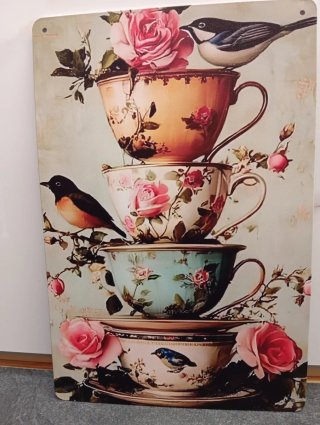 Placa Metal Shabby Chic Pájaros y Rosas