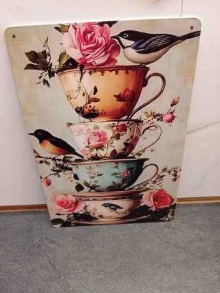 Placa Metal Shabby Chic Pájaros y Rosas