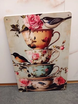 Placa Metal Shabby Chic Pájaros y Rosas