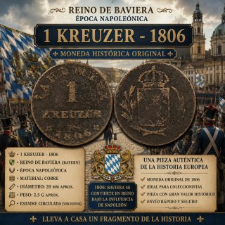 Moneda antigua 1 Kreuzer Baviera 1806 Napoleónica