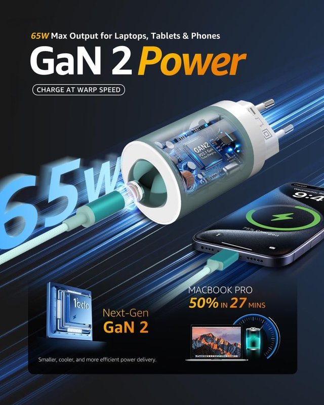 1°EDO Cargador 65W Magnético Rotativo Azul